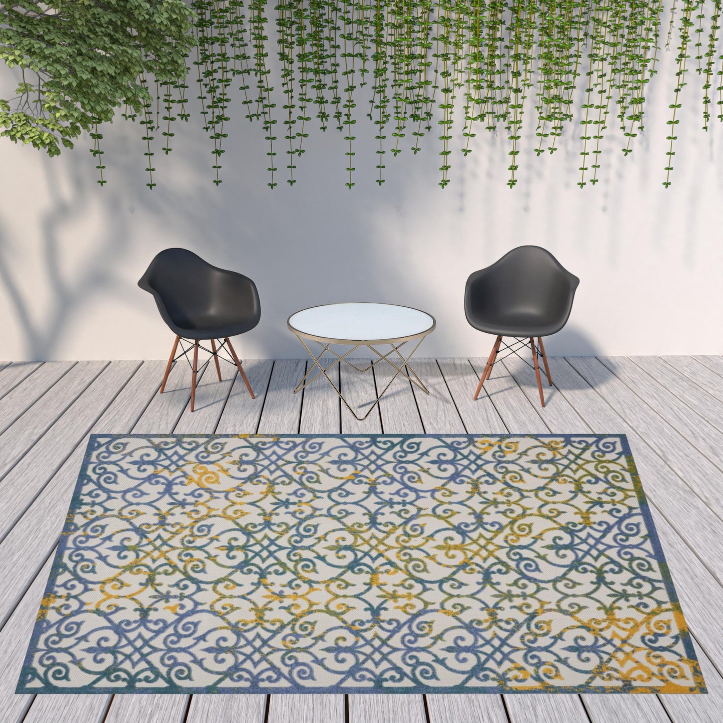 9' X 12' Ivory And Blue Damask Non Skid Indoor Outdoor Area Rug