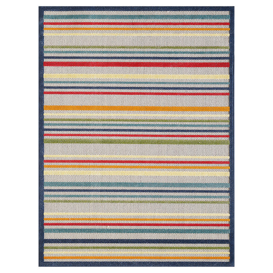8' X 10' Ivory And Blue Striped Stain Resistant Indoor Outdoor Area Rug