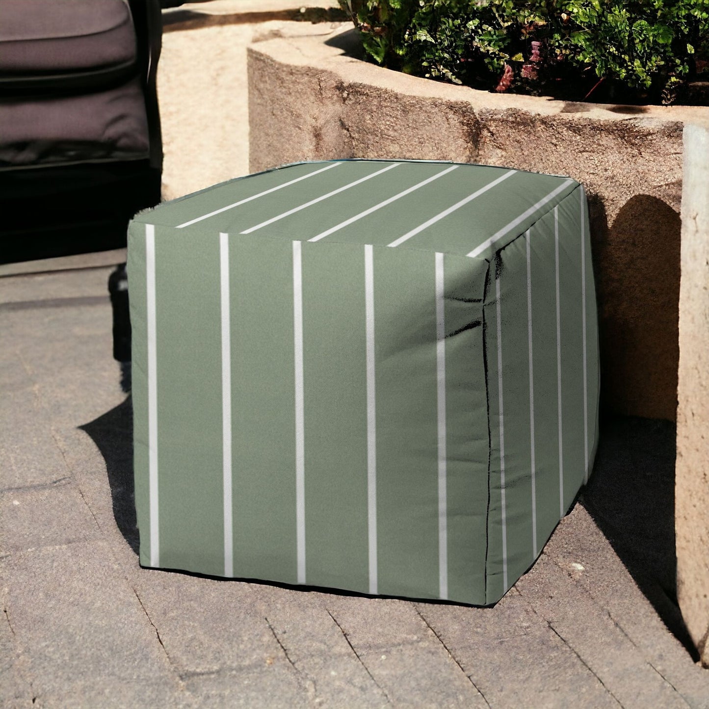 17" Green Polyester Cube Striped Indoor Outdoor Pouf Ottoman
