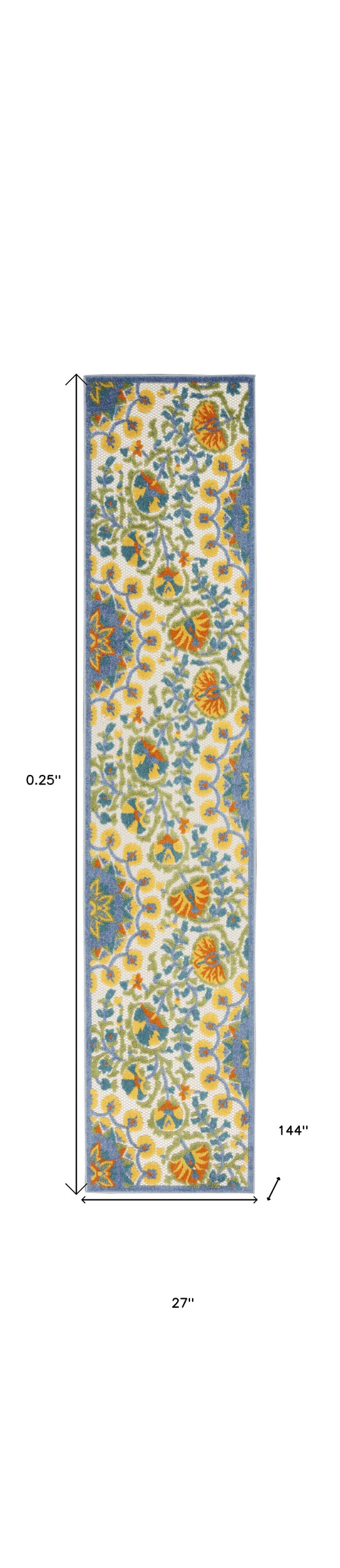 2' X 12' Blue Yellow And White Toile Non Skid Indoor Outdoor Runner Rug