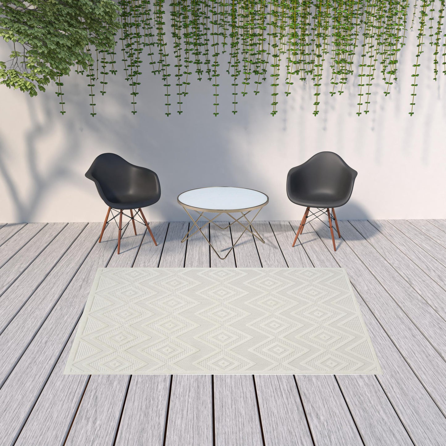 6' X 9' Ivory And White Argyle Indoor Outdoor Area Rug