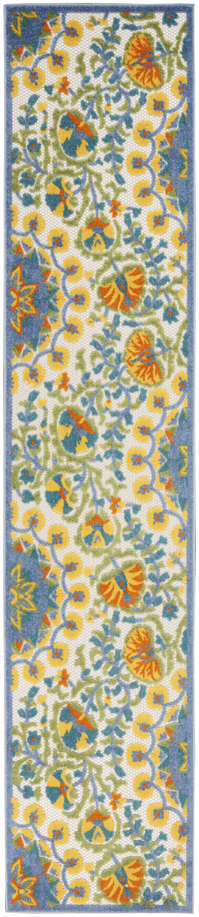 2' X 10' Yellow And Teal Toile Non Skid Indoor Outdoor Runner Rug