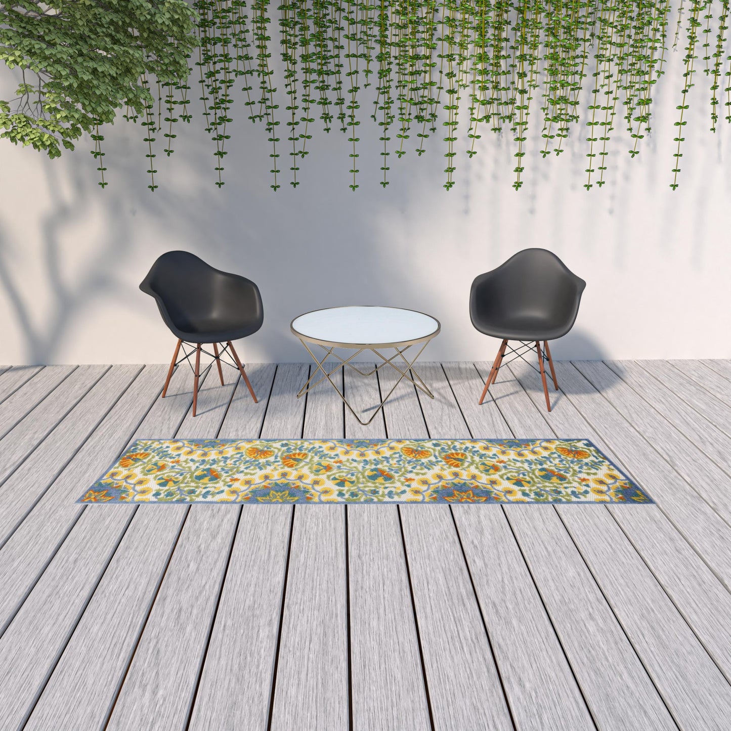 2' X 10' Yellow And Teal Toile Non Skid Indoor Outdoor Runner Rug