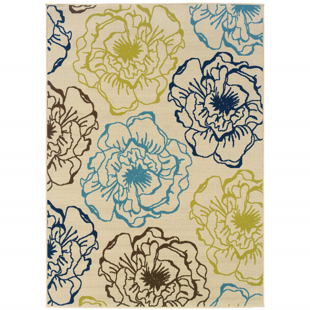 5' x 8' Green and Ivory Floral Stain Resistant Indoor Outdoor Area Rug