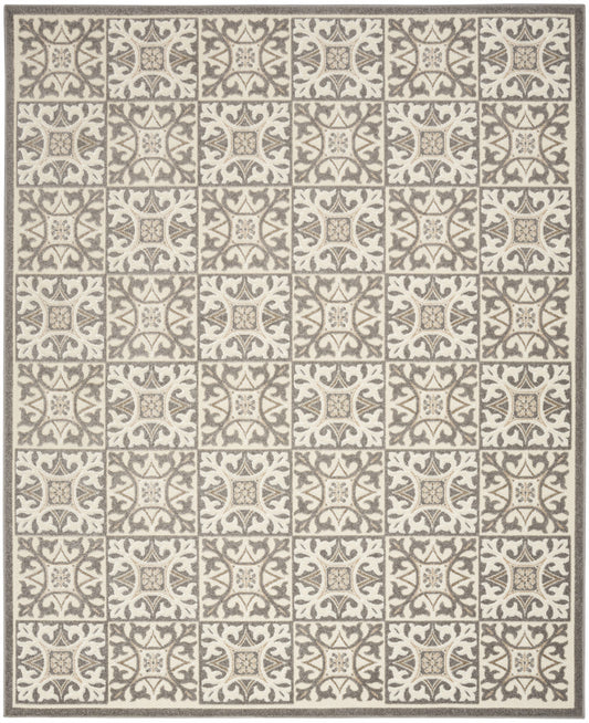8' X 11' Ivory And Grey Fleur De Lis Stain Resistant Non Skid Area Rug