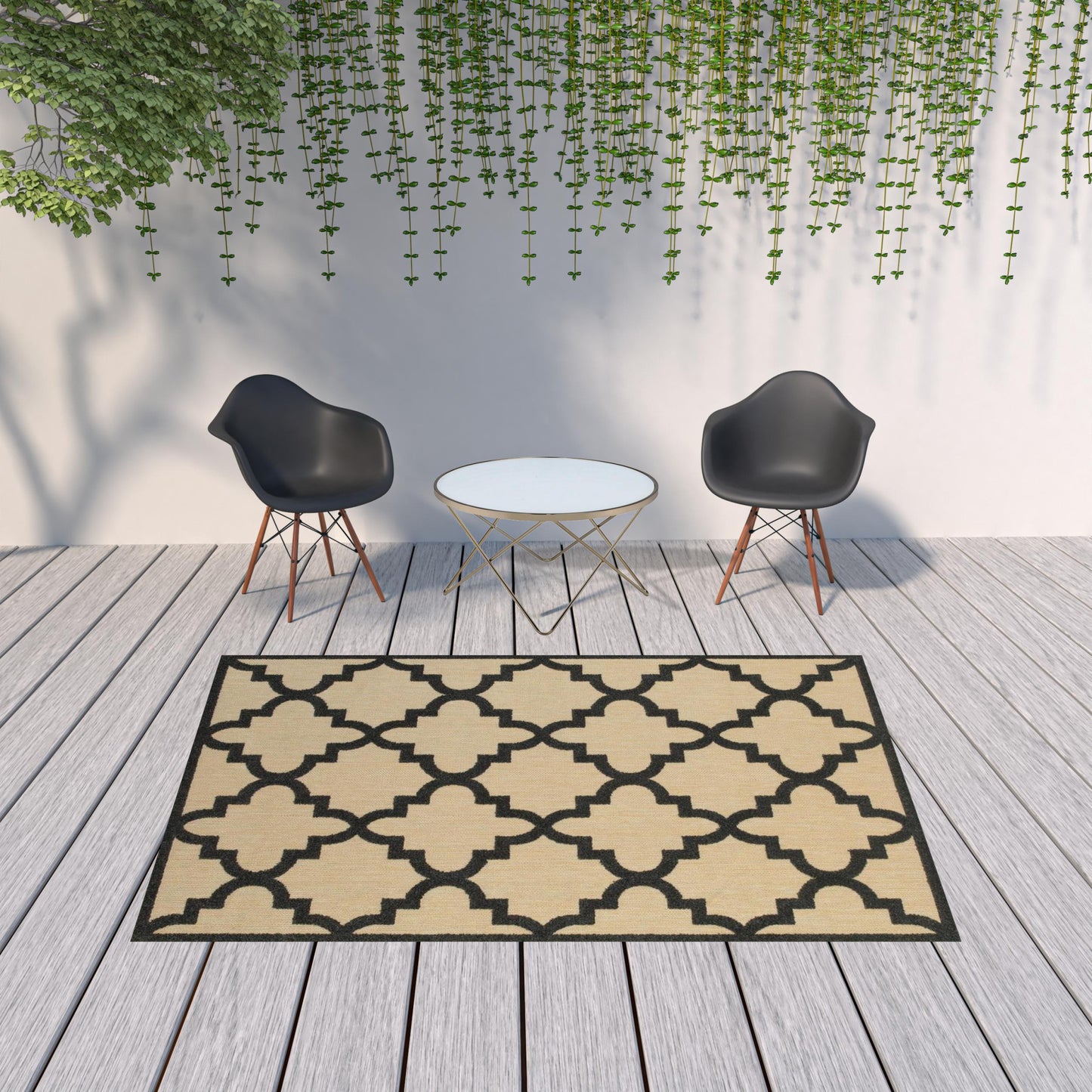 7' x 10' Beige and Black Geometric Stain Resistant Indoor Outdoor Area Rug