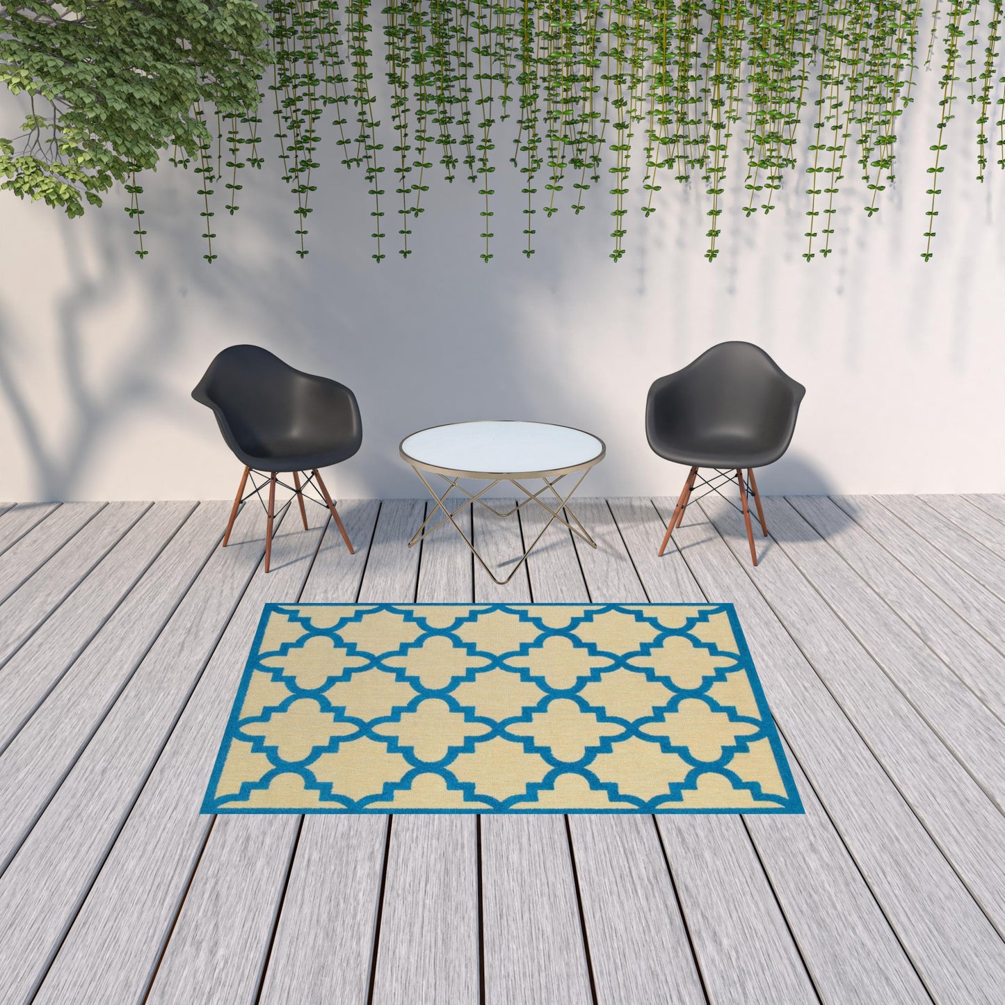 5' x 8' Blue and Beige Geometric Stain Resistant Indoor Outdoor Area Rug