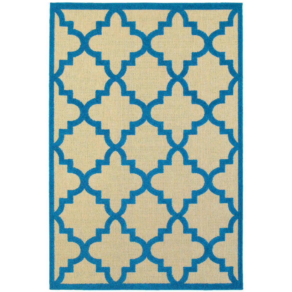 5' x 8' Blue and Beige Geometric Stain Resistant Indoor Outdoor Area Rug