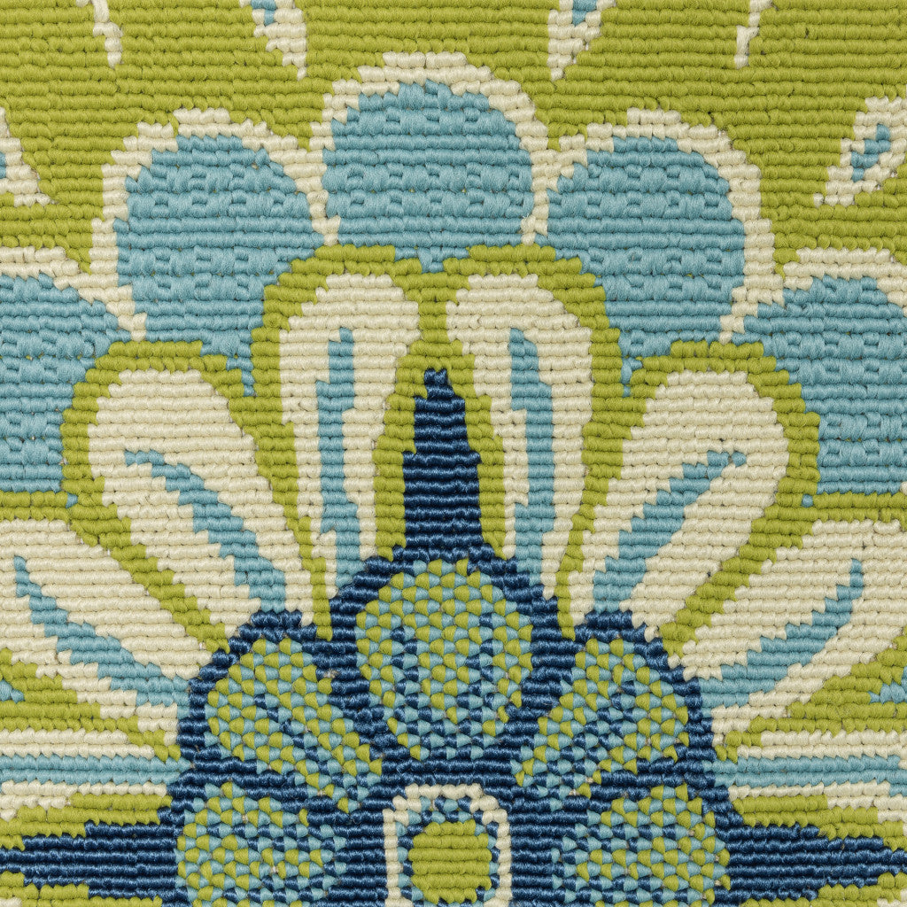 7' x 10' Green and Ivory Floral Stain Resistant Indoor Outdoor Area Rug