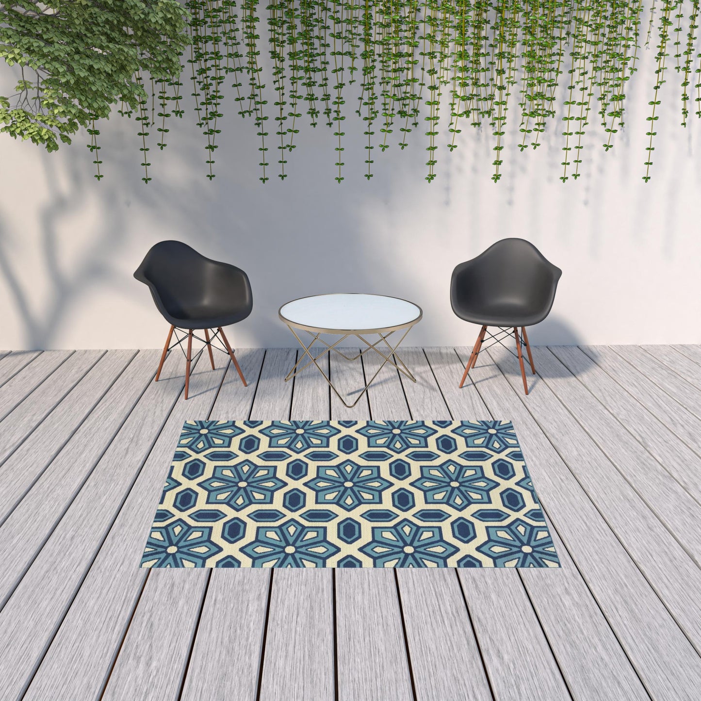 5' x 8' Ivory and Blue Geometric Stain Resistant Indoor Outdoor Area Rug