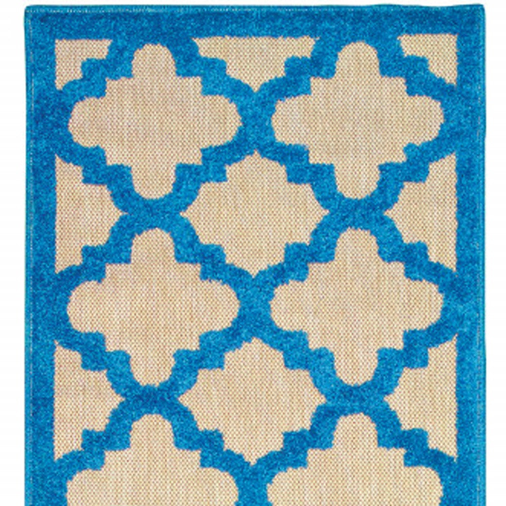 2' X 8' Blue and Beige Geometric Stain Resistant Indoor Outdoor Area Rug