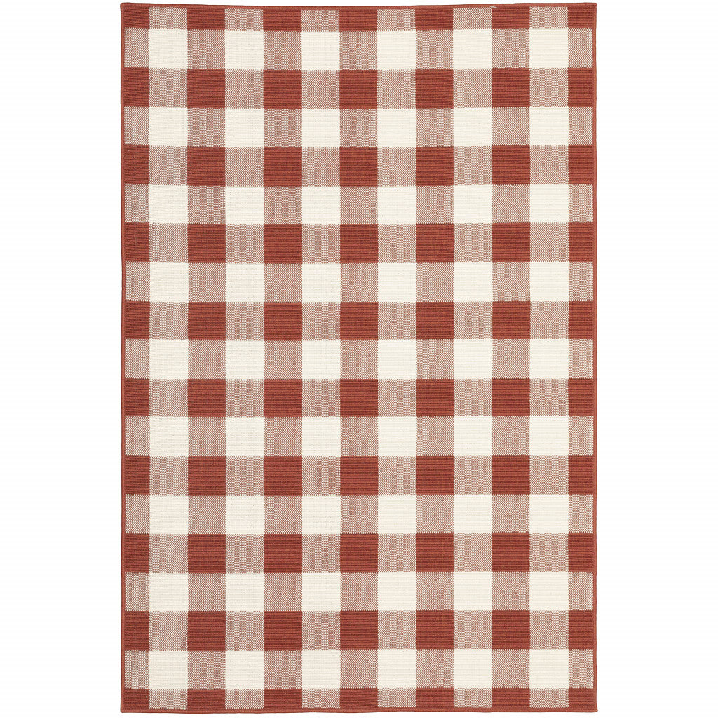 5' x 8' Red and Ivory Geometric Stain Resistant Indoor Outdoor Area Rug