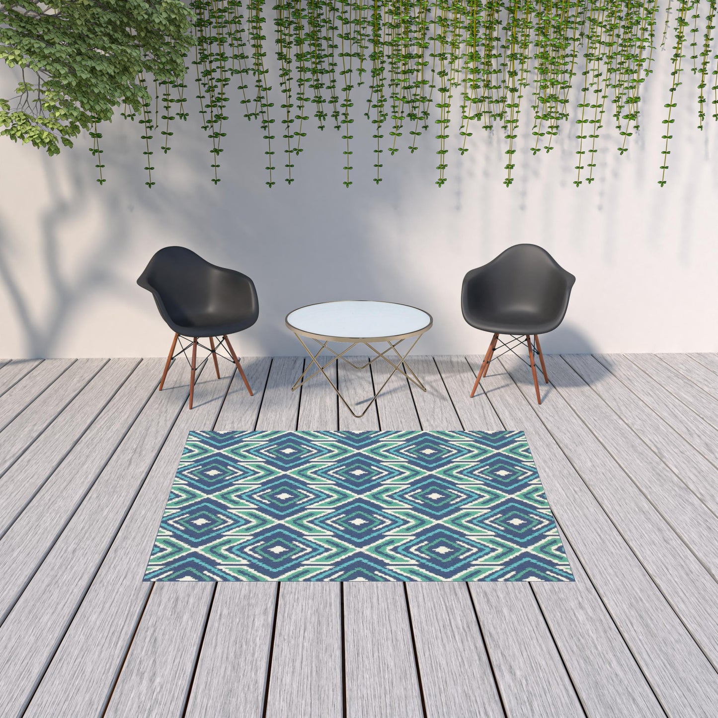 5' x 8' Blue and Ivory Geometric Stain Resistant Indoor Outdoor Area Rug