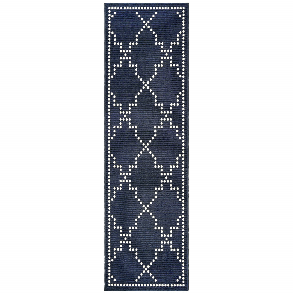2' X 8' Blue and Ivory Geometric Stain Resistant Indoor Outdoor Area Rug