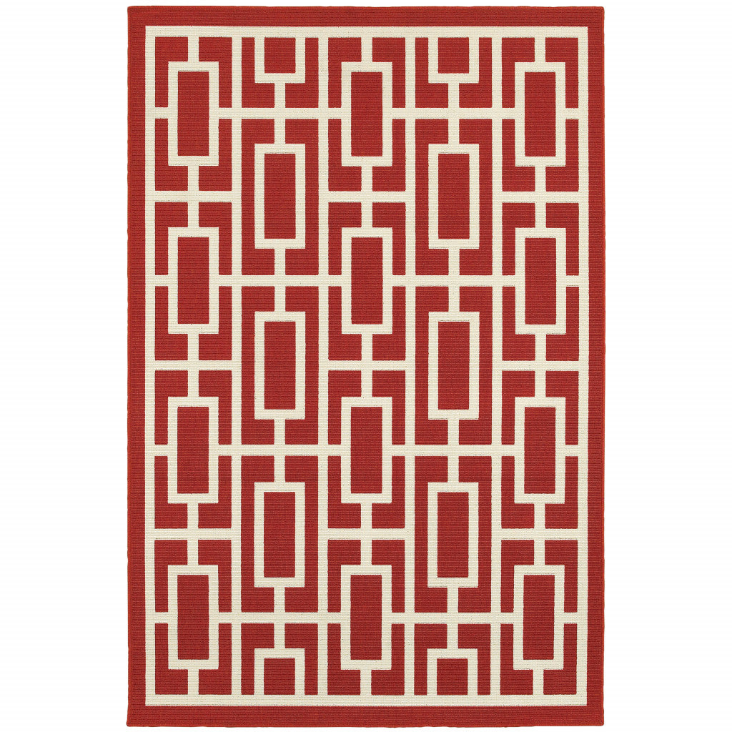 5' x 8' Red and Ivory Geometric Stain Resistant Indoor Outdoor Area Rug