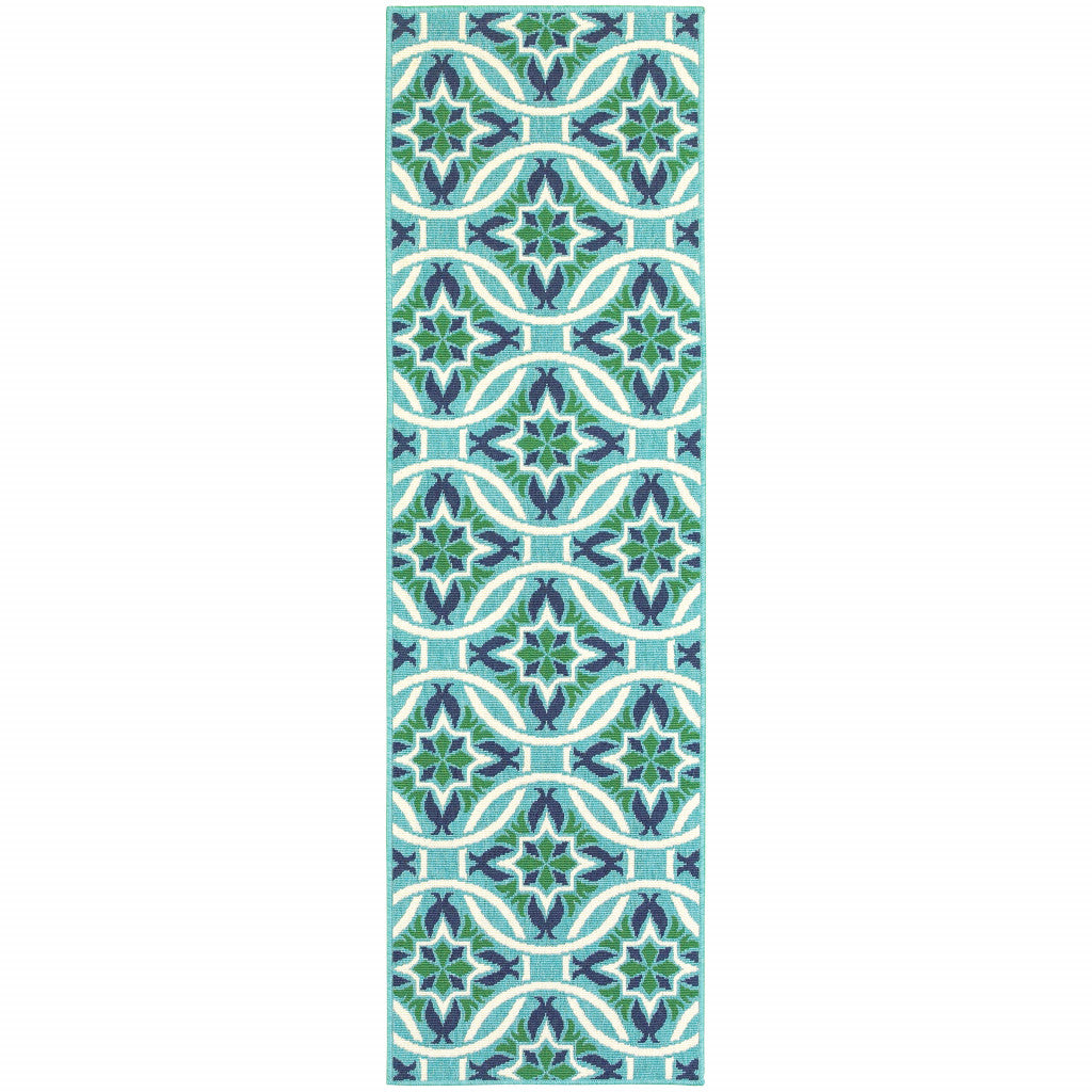2' X 8' Blue and Green Geometric Stain Resistant Indoor Outdoor Area Rug