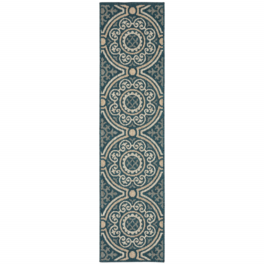 2' X 8' Blue and Gray Geometric Stain Resistant Indoor Outdoor Area Rug