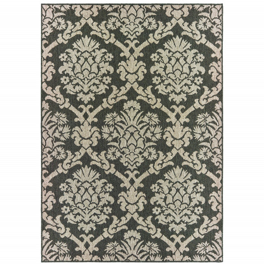 7' x 9' Gray Floral Stain Resistant Indoor Outdoor Area Rug