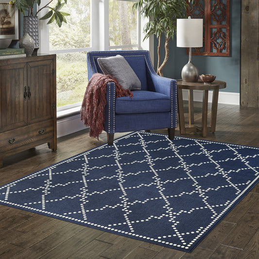 7' x 10' Blue and Ivory Geometric Stain Resistant Indoor Outdoor Area Rug