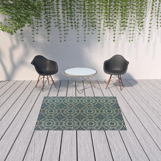 5' x 7' Blue and Gray Geometric Stain Resistant Indoor Outdoor Area Rug