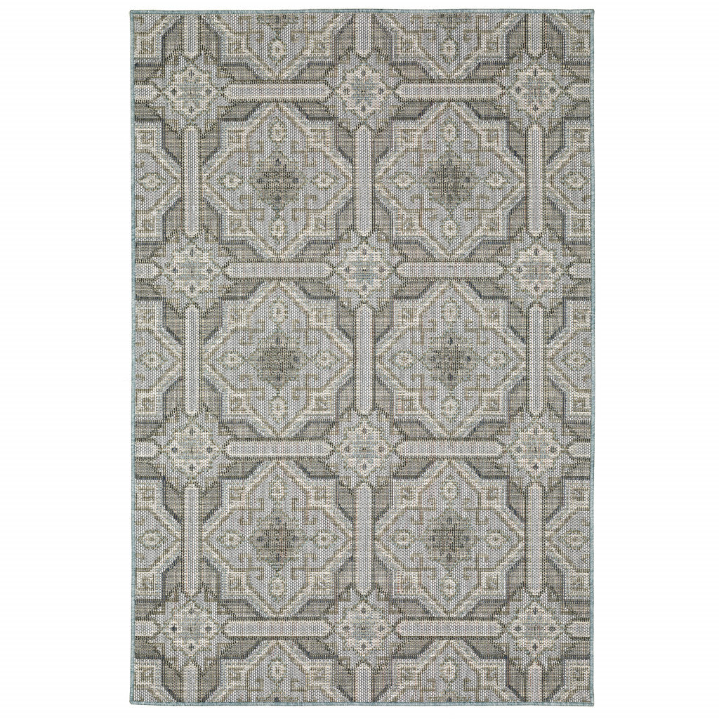 10' x 13' Blue and Gray Geometric Stain Resistant Indoor Outdoor Area Rug