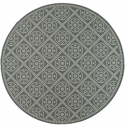 8' x 8' Gray and Ivory Round Geometric Stain Resistant Indoor Outdoor Area Rug