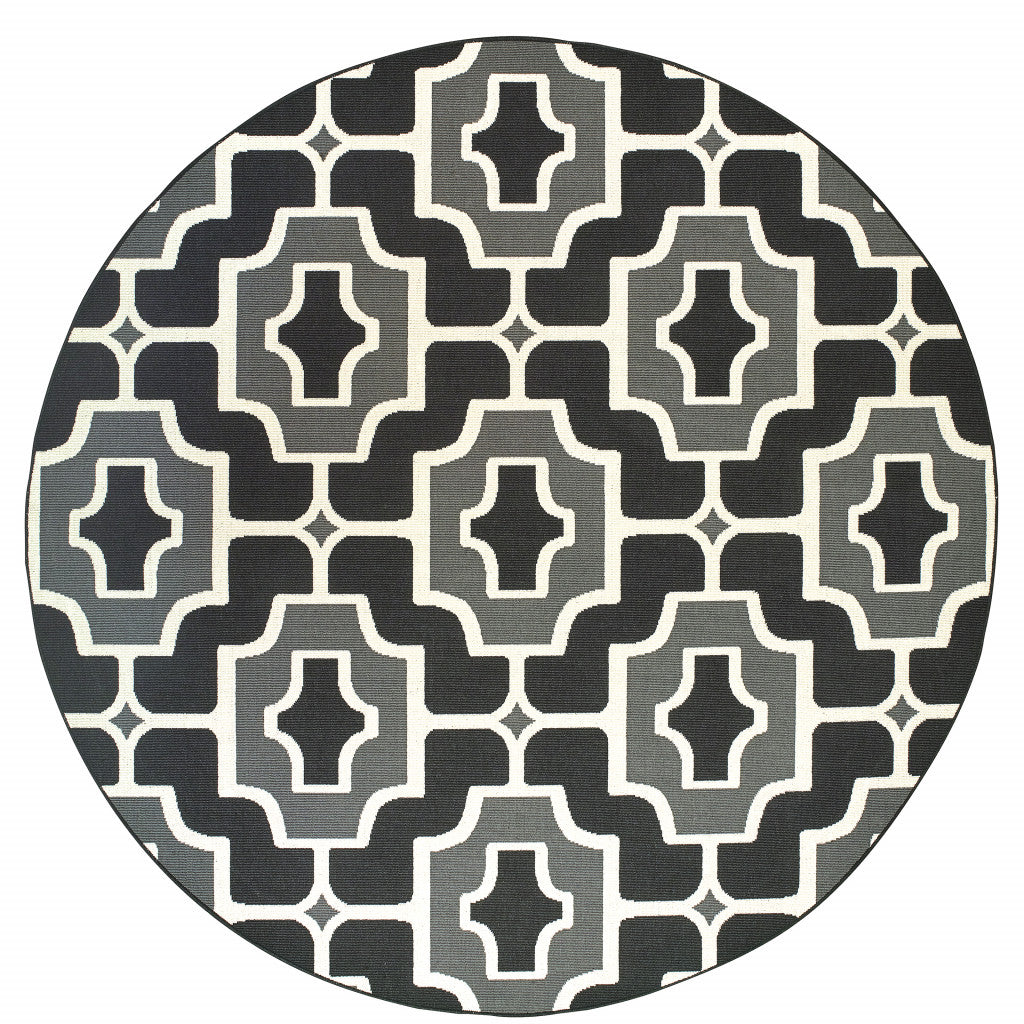 8' x 8' Black and Gray Round Geometric Stain Resistant Indoor Outdoor Area Rug