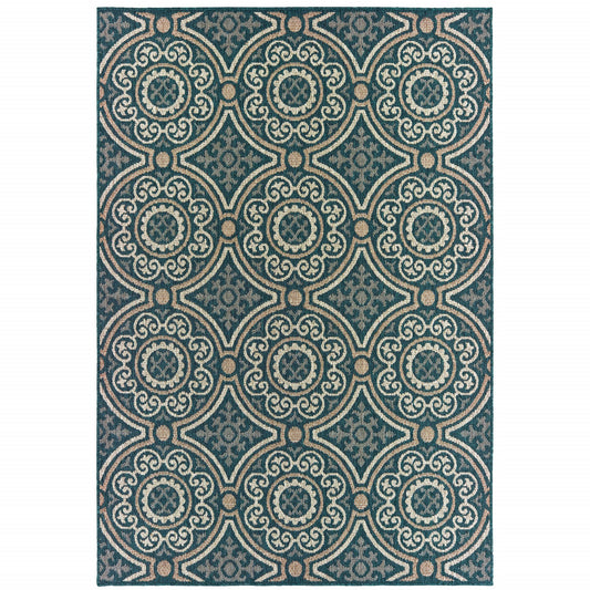 7' x 9' Blue and Gray Geometric Stain Resistant Indoor Outdoor Area Rug