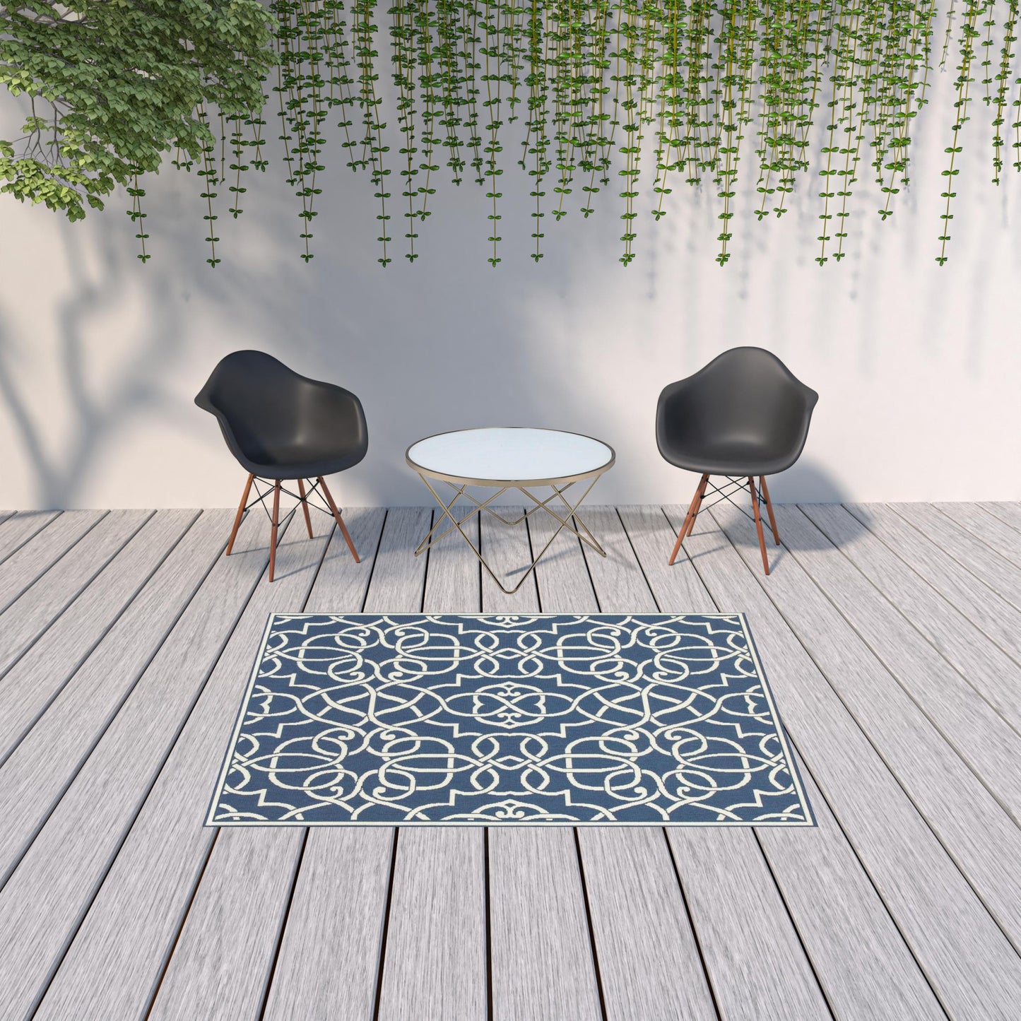 5' x 8' Blue and Ivory Geometric Stain Resistant Indoor Outdoor Area Rug