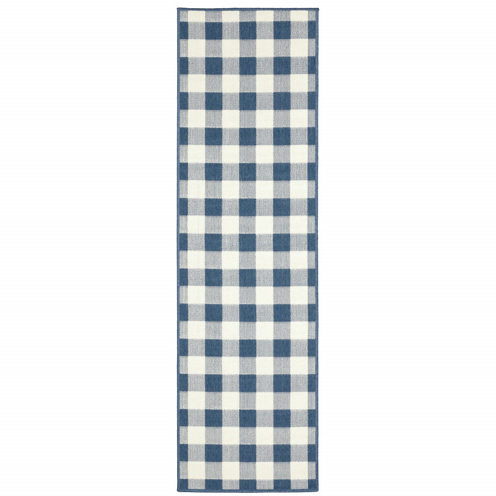 2' X 8' Blue and Ivory Geometric Stain Resistant Indoor Outdoor Area Rug