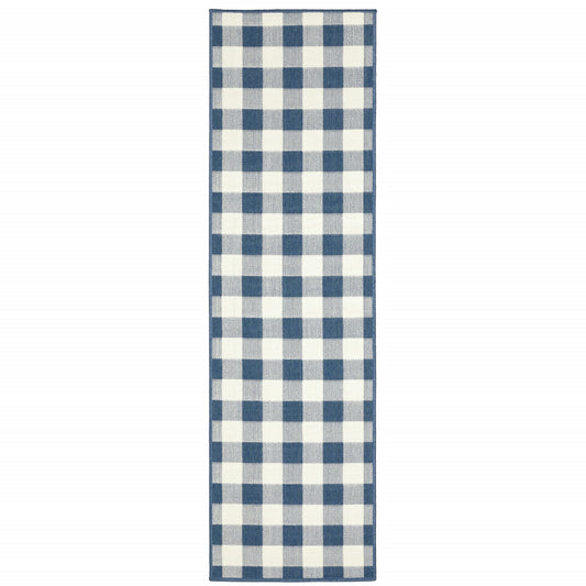 2' X 8' Blue and Ivory Geometric Stain Resistant Indoor Outdoor Area Rug