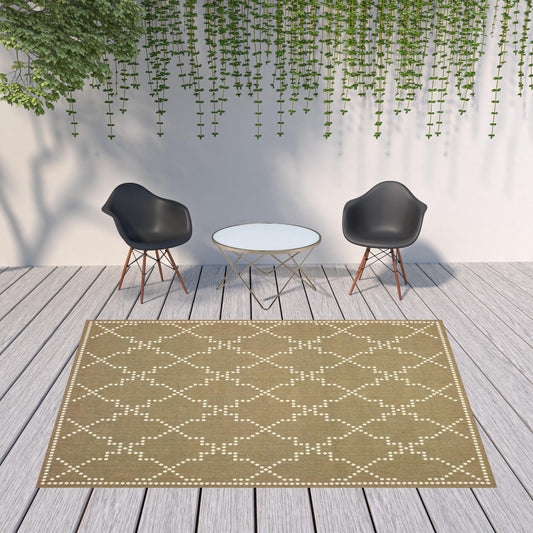 8' x 11' Tan Geometric Stain Resistant Indoor Outdoor Area Rug