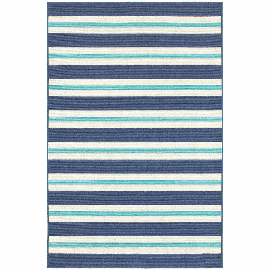 5' x 8' Blue and Ivory Geometric Stain Resistant Indoor Outdoor Area Rug