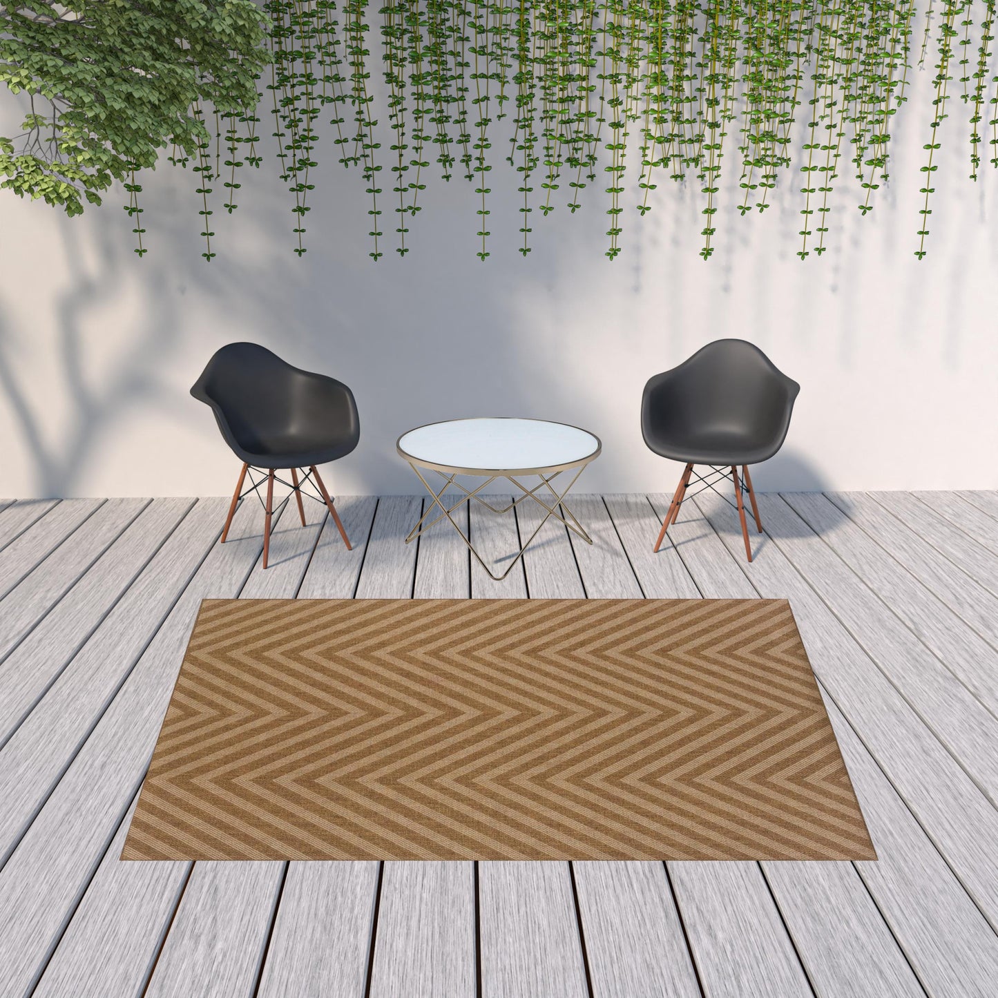 7' x 10' Tan Geometric Stain Resistant Indoor Outdoor Area Rug