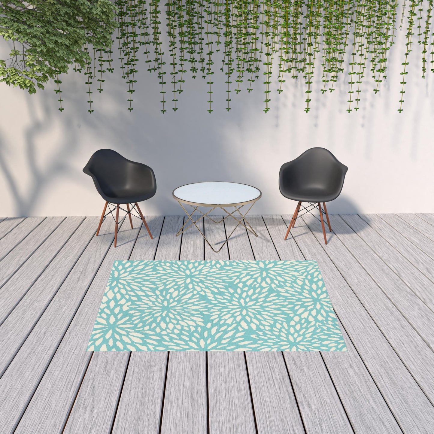 5' x 8' Blue and Ivory Floral Stain Resistant Indoor Outdoor Area Rug