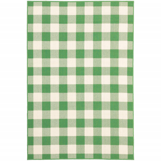 9' X 13' Green and Ivory Geometric Stain Resistant Indoor Outdoor Area Rug