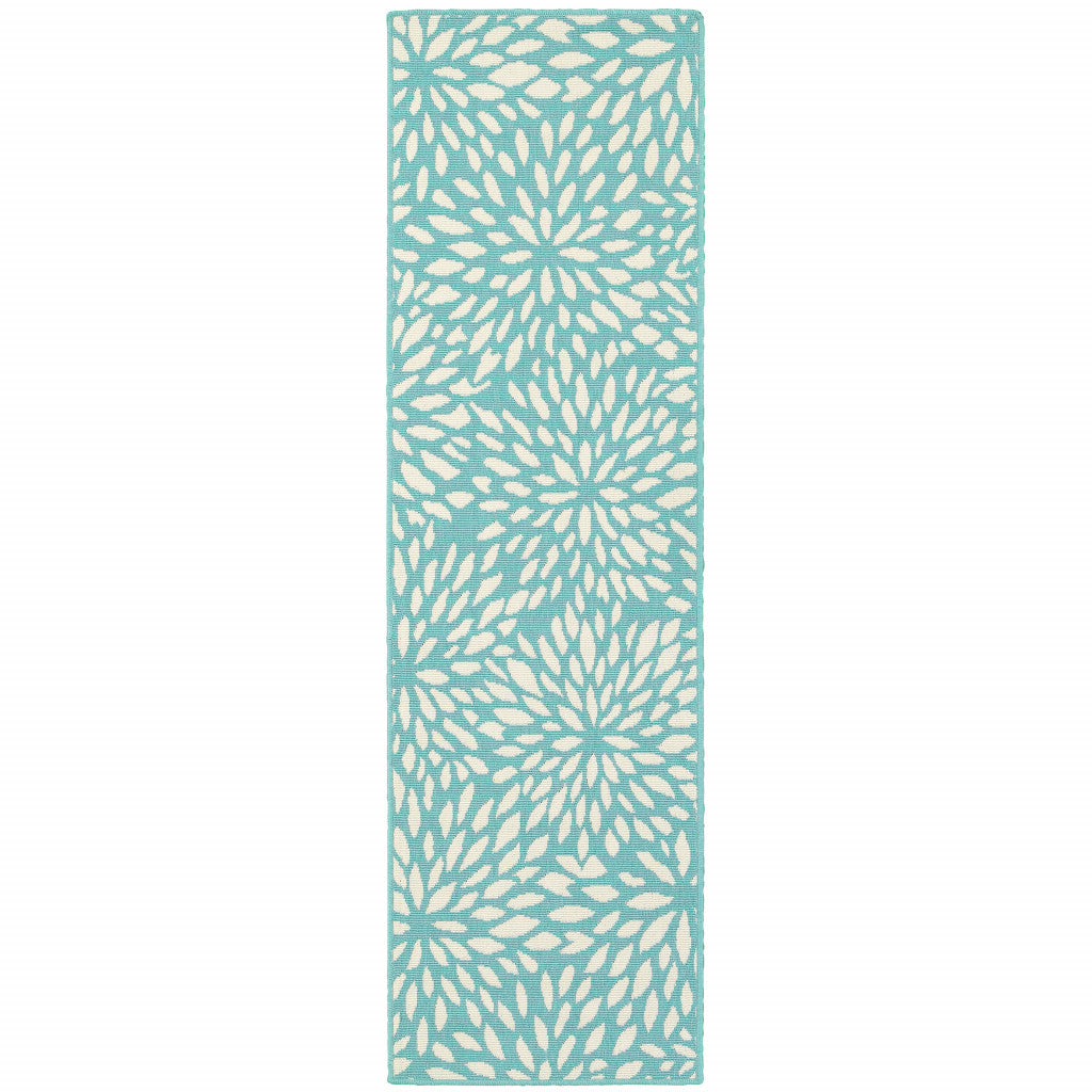 2' X 8' Blue and Ivory Floral Stain Resistant Indoor Outdoor Area Rug