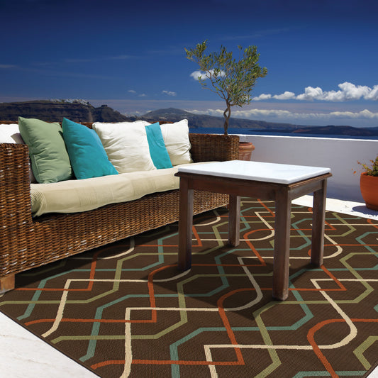 7' x 10' Brown and Ivory Geometric Stain Resistant Indoor Outdoor Area Rug