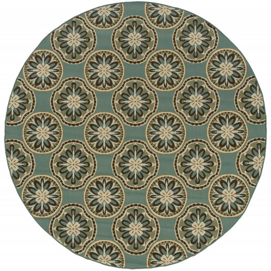 8' x 8' Blue and Ivory Round Floral Stain Resistant Indoor Outdoor Area Rug