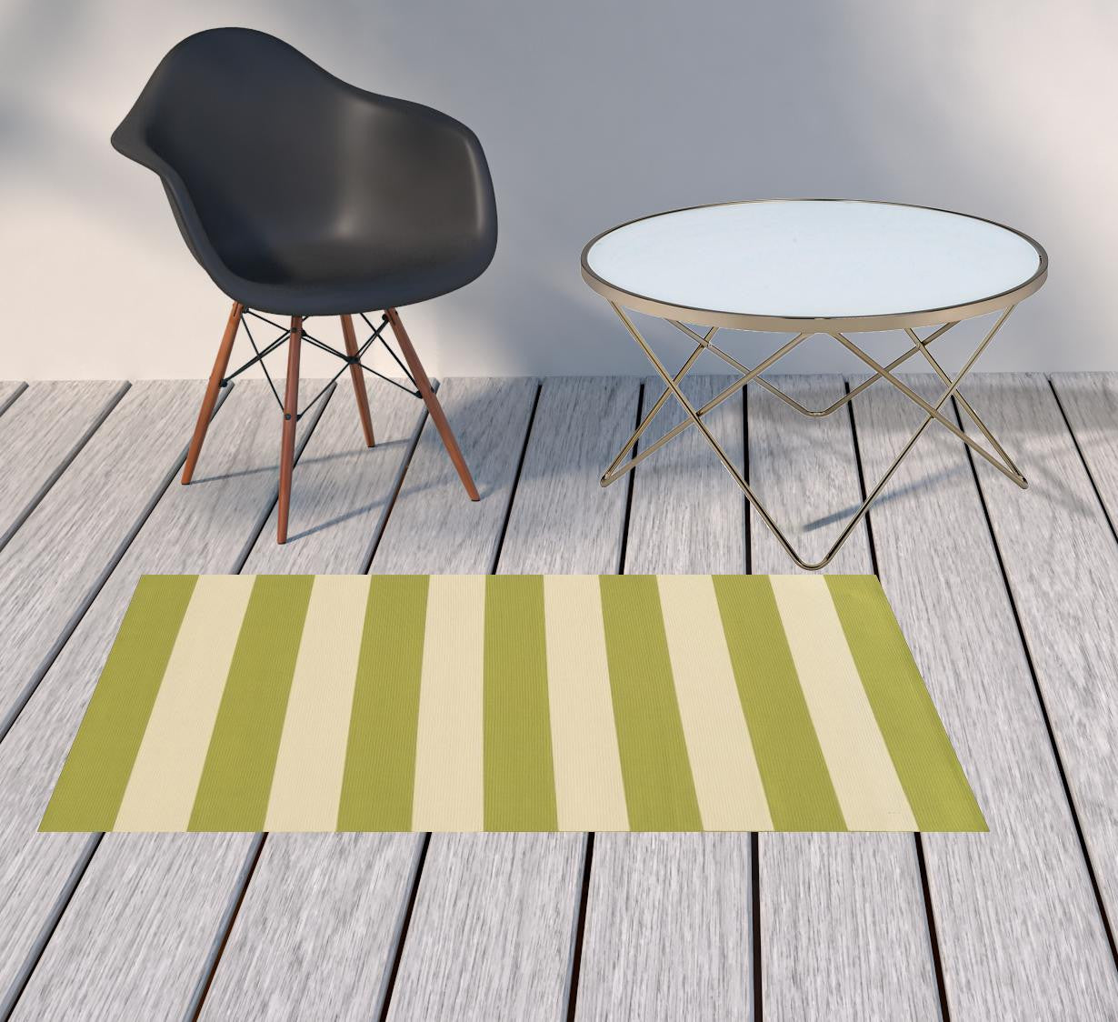2' X 4' Green and Ivory Geometric Stain Resistant Indoor Outdoor Area Rug