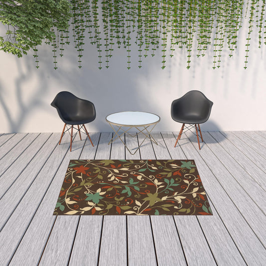 5' x 8' Brown Floral Stain Resistant Indoor Outdoor Area Rug