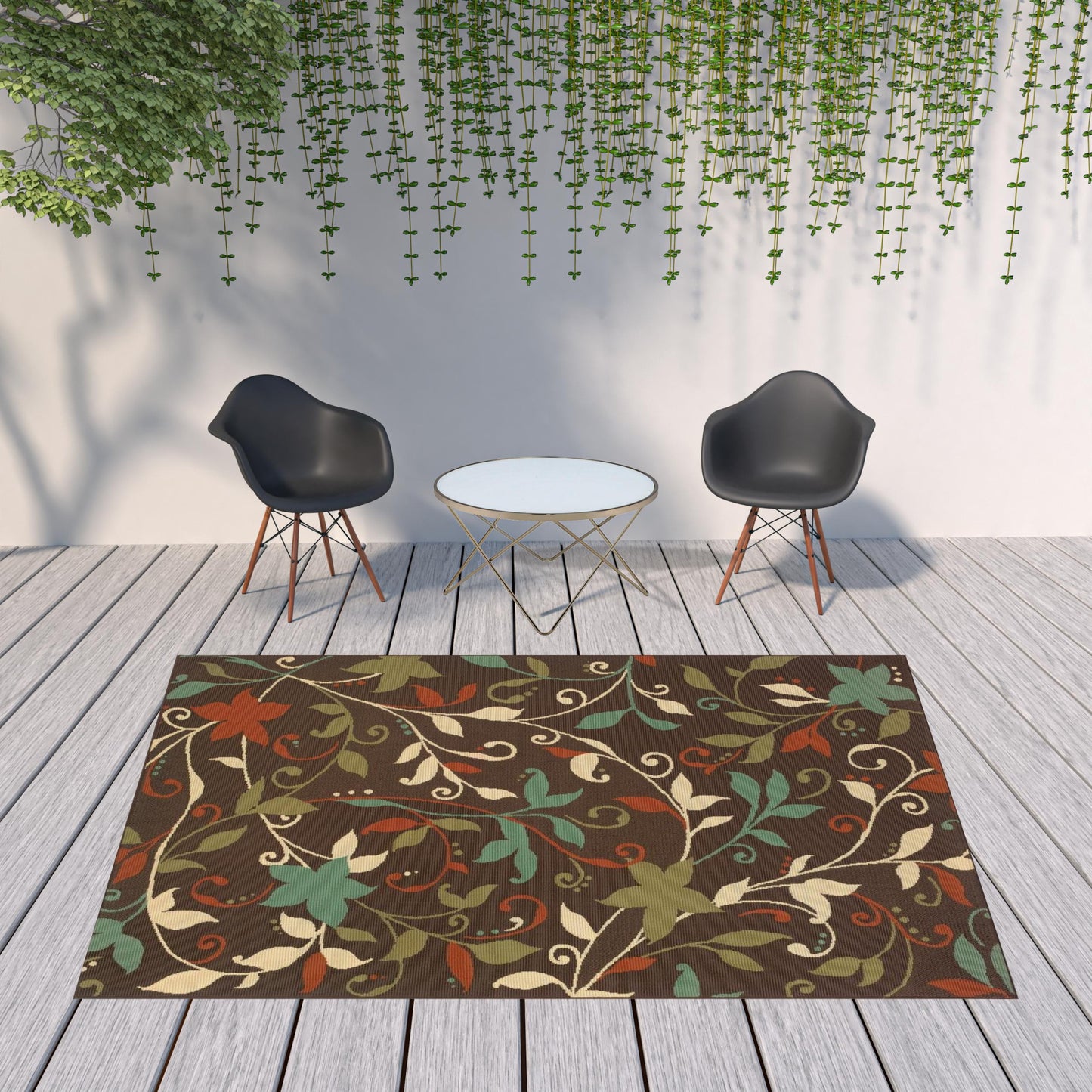 8' x 11' Brown Floral Stain Resistant Indoor Outdoor Area Rug