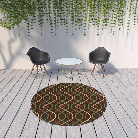 8' x 8' Brown and Ivory Round Geometric Stain Resistant Indoor Outdoor Area Rug