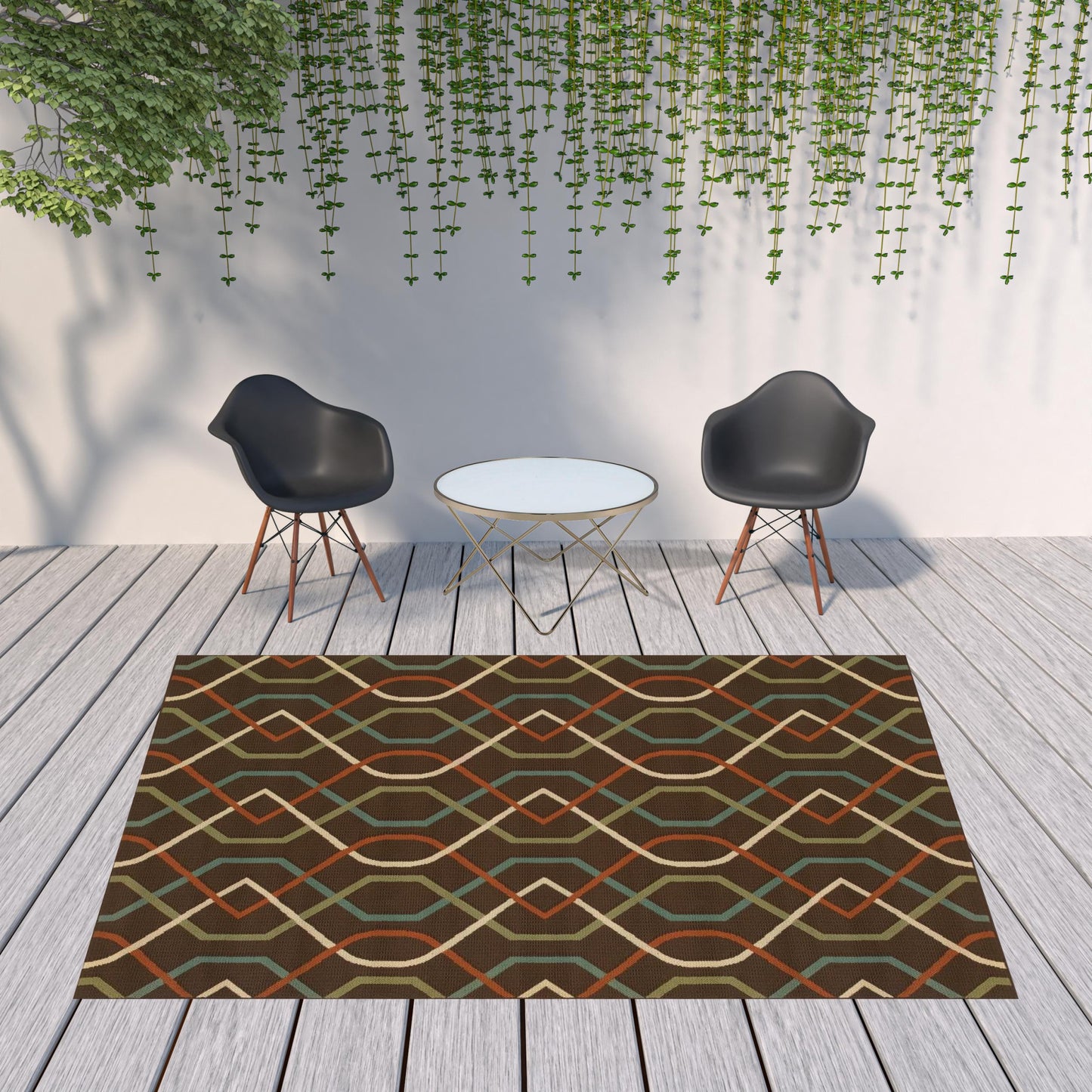 8' x 11' Brown and Ivory Geometric Stain Resistant Indoor Outdoor Area Rug