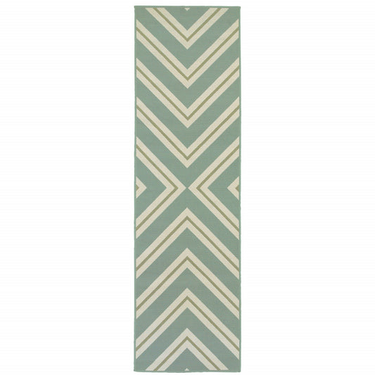 2' X 8' Blue and Green Geometric Stain Resistant Indoor Outdoor Area Rug