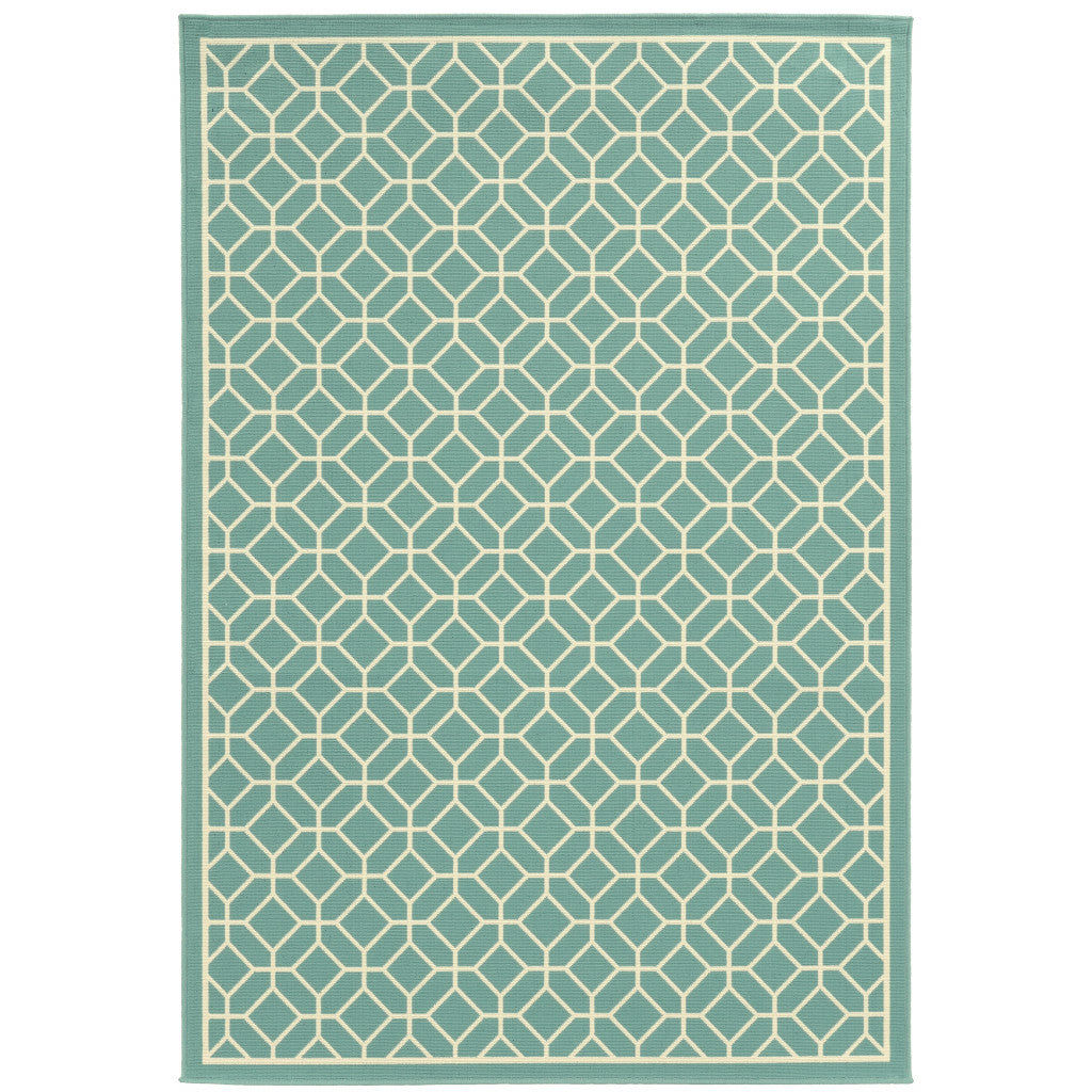 4' x 6' Blue and Ivory Geometric Stain Resistant Indoor Outdoor Area Rug