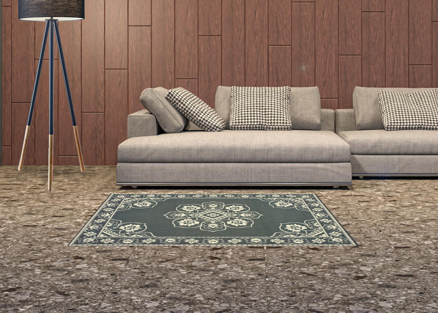 2' X 4' Gray and Ivory Oriental Stain Resistant Indoor Outdoor Area Rug