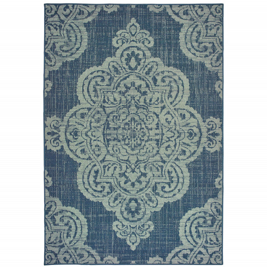 8' x 11' Blue Oriental Stain Resistant Indoor Outdoor Area Rug