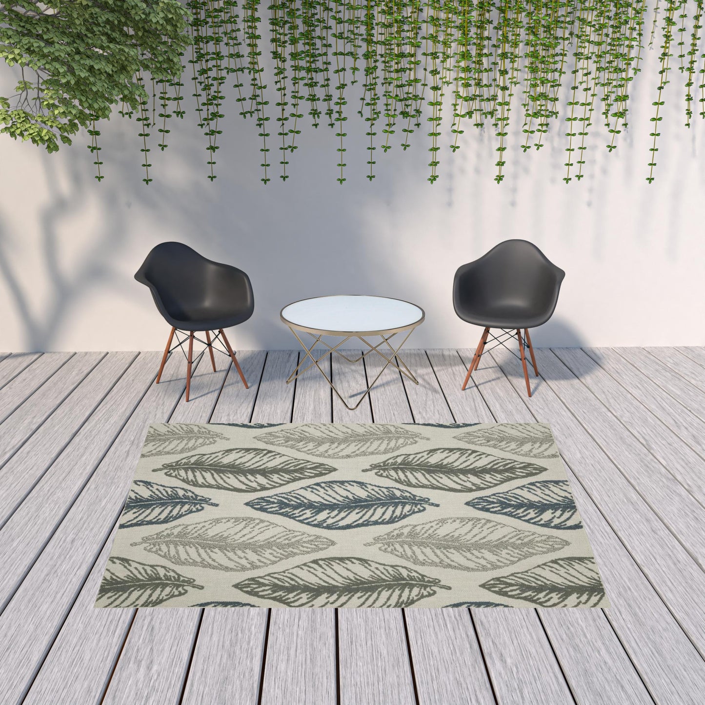 7' x 9' Beige Floral Stain Resistant Indoor Outdoor Area Rug