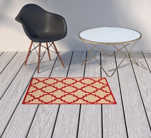2' x 3' Red Geometric Stain Resistant Indoor Outdoor Area Rug